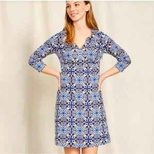 Boden Blue White Linen Tunic Shift Dress Size 6 Boho Tile Print 3/4 Sleeve
